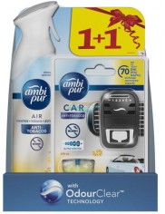 Ambi Pur Car Anti-Tobacco Zestaw Samochodowy Odświeżacz Powietrza 7 ml + Odświeżacz w Sprayu 300 ml 