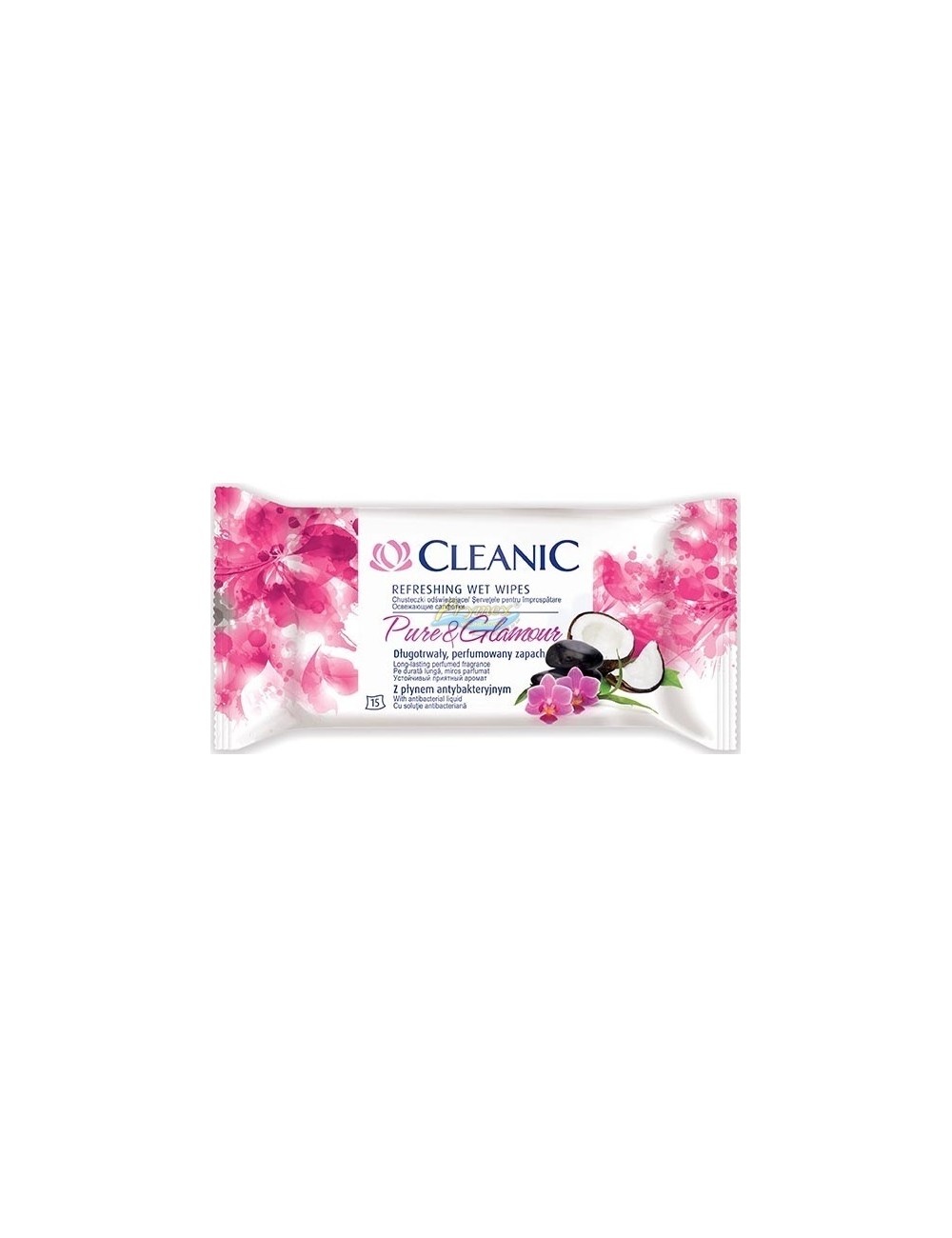 Cleanic Pure & Glamour Nawilżane Chusteczki Odświeżające z Płynem Antybakteryjnym 15 szt