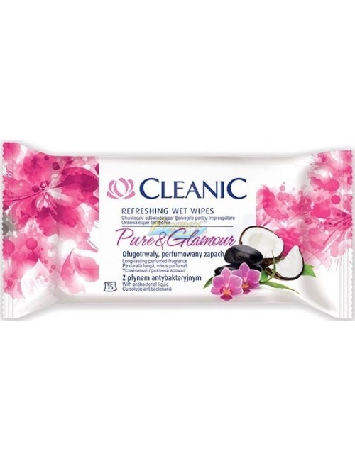 Cleanic Pure & Glamour Nawilżane Chusteczki Odświeżające z Płynem Antybakteryjnym 15 szt