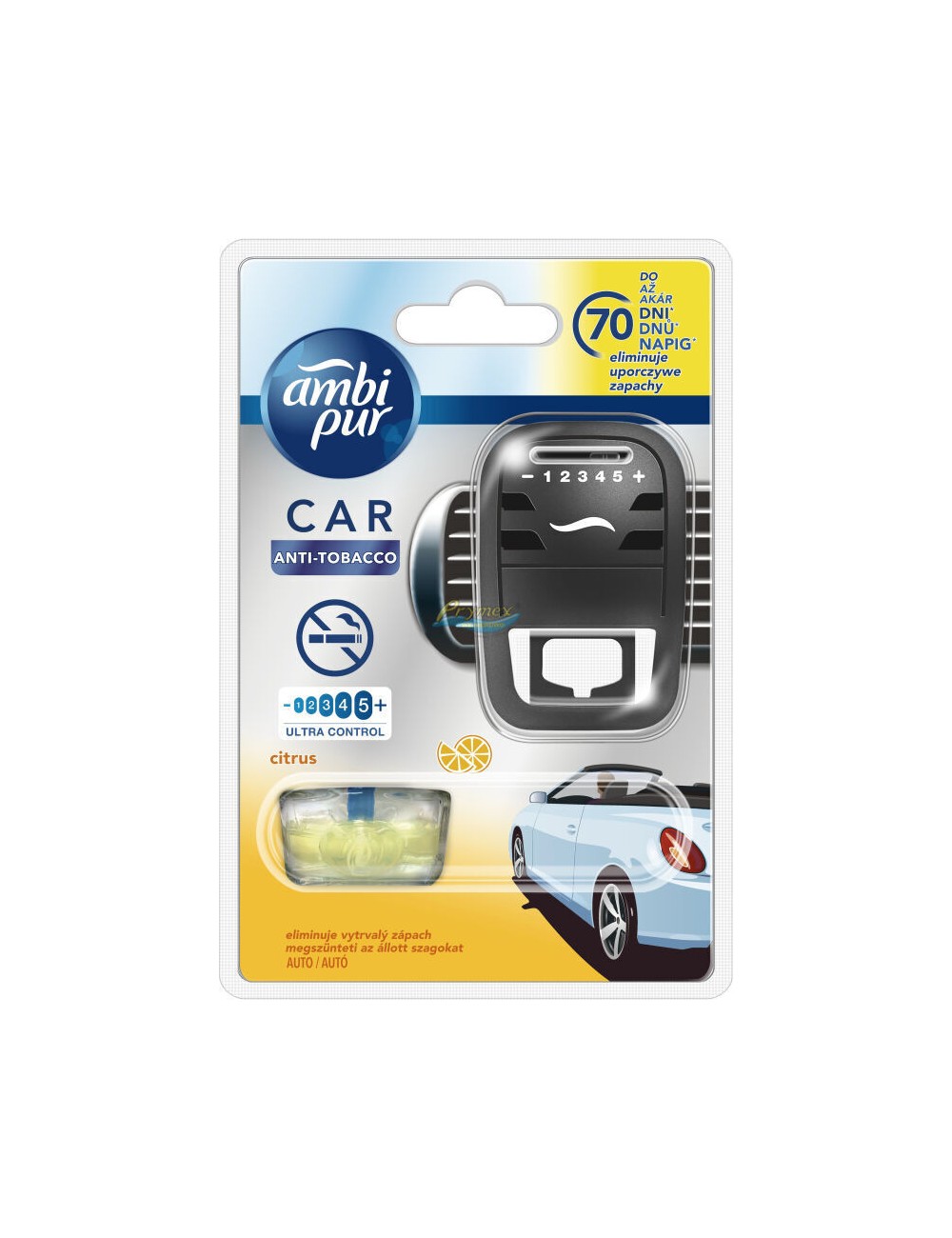 Ambi Pur Car Anti-Tobacco Citrus Samochodowy Odświeżacz Powietrza (urządzenie + wkład 7 ml) 1 szt 