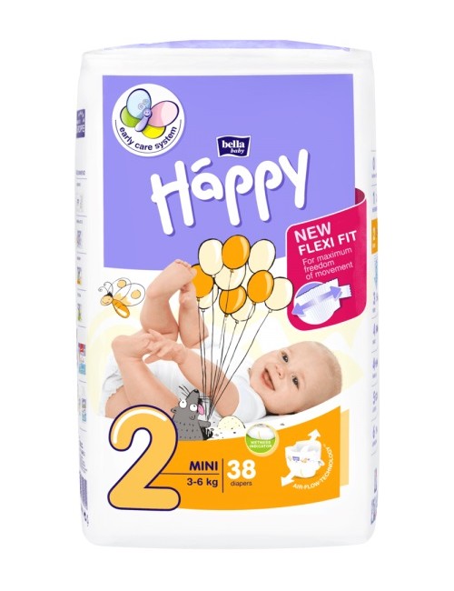 Bella Happy Pieluszki Jednorazowe dla Dzieci Mini 3-6 kg (rozmiar 2) 38 szt