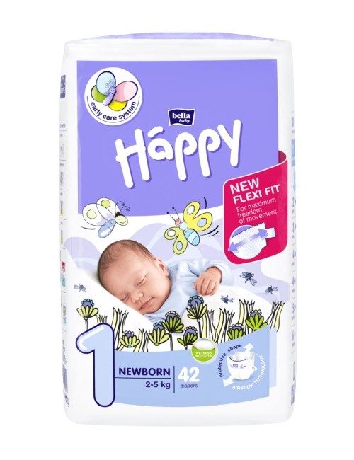Bella Happy Pieluszki Jednorazowe dla Noworodków i Niemowląt Newborn 2-5 kg (rozmiar 1) 42 szt