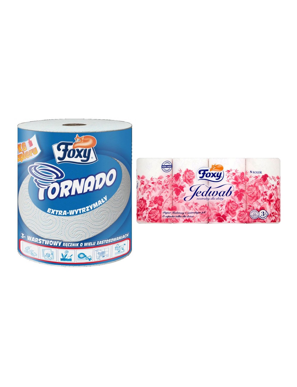 Foxy Ręcznik Papierowy Tornado Extra-wytrzymały 3-warstwowy Celuloza + Foxy Papier Toaletowy Jedwab - Zestaw ( 1 szt + 1 szt )