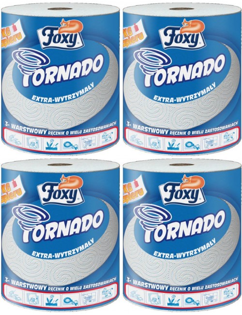 Foxy Ręcznik Papierowy Tornado Extra-wytrzymały 3-warstwowy Celuloza - Zestaw  ( 4 x 1 ) 