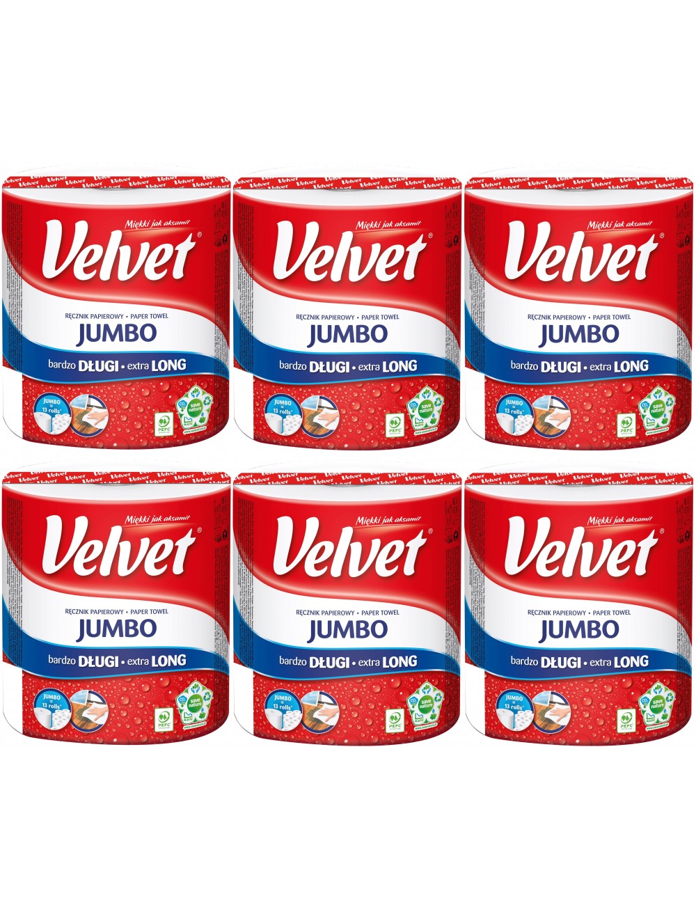 Velvet Długi Ręcznik Papierowy Jumbo (100% celuloza) Zestaw 6 rolek