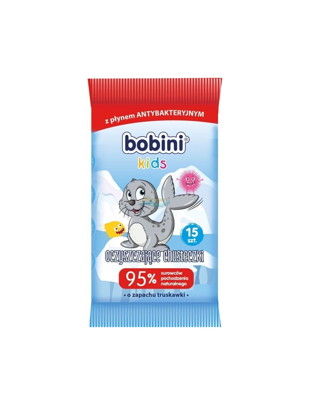 Bobini Kids Chusteczki Nawilżane dla Dzieci z Płynem Antybakteryjnym Oczyszczające Truskawka 15 szt