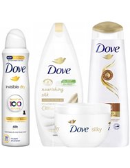Dove Zestaw dla Kobiet Silky Care – żel pp 250 ml + krem do ciała 300 ml + szampon 250 ml + deo 150 ml