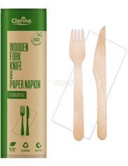 Zestaw Piknikowy Drewniany Jednorazowy (nóż + widelec + serwetka) Clarina