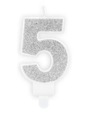 Świeczka urodzinowa cyferka "5" srebrna brokatowa