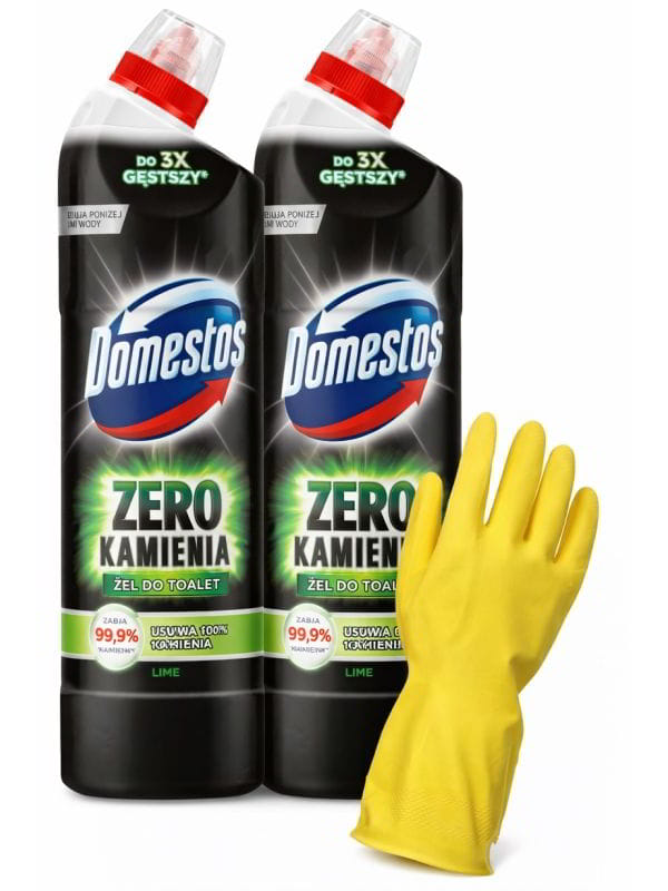 Domestos żel do toalet (2x750 ml) zero kamienia, lime + rękawiczki gumowe